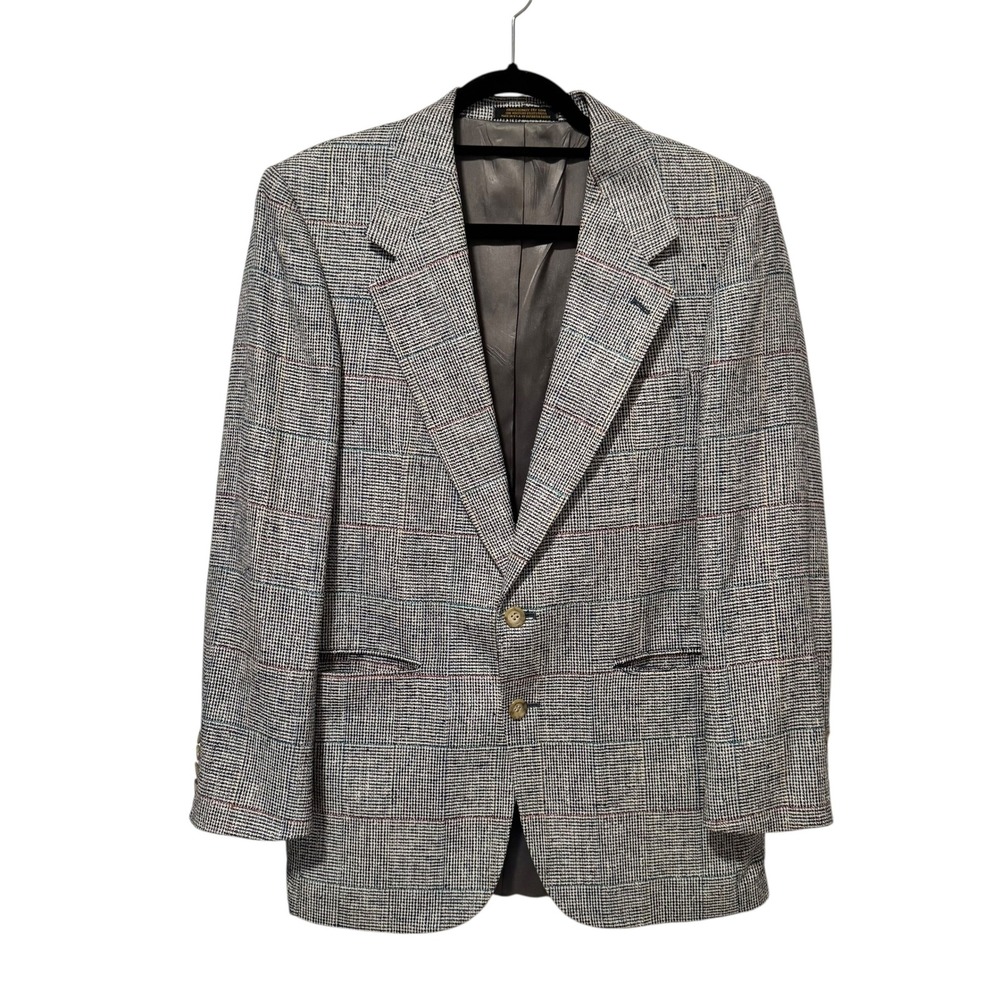 Bachrach Mens Grey Glen Plaid Two Button Blazer Sport Coat Jacket Size 38R Retro